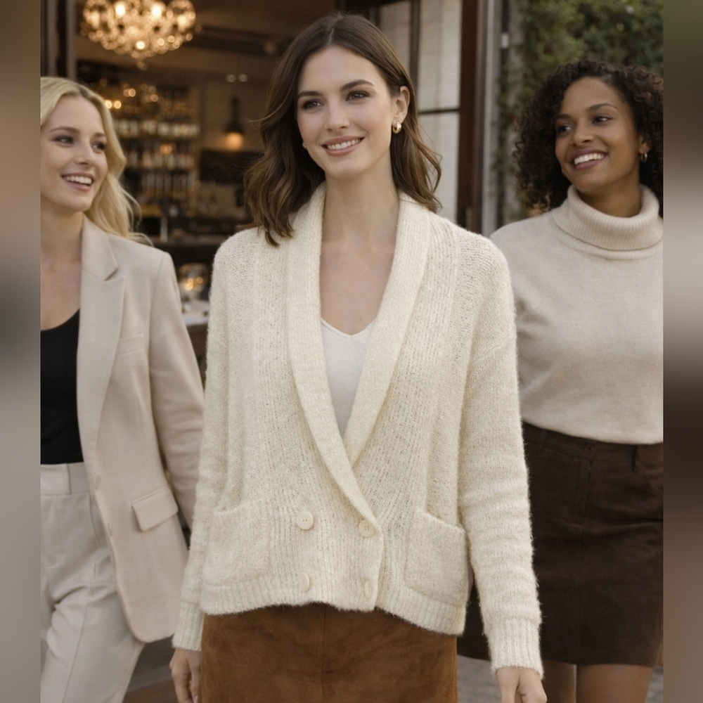 Vtg Beldoch Popper 80s Fisherman Womens S Ivory Knit Sweater Cardigan Oversized